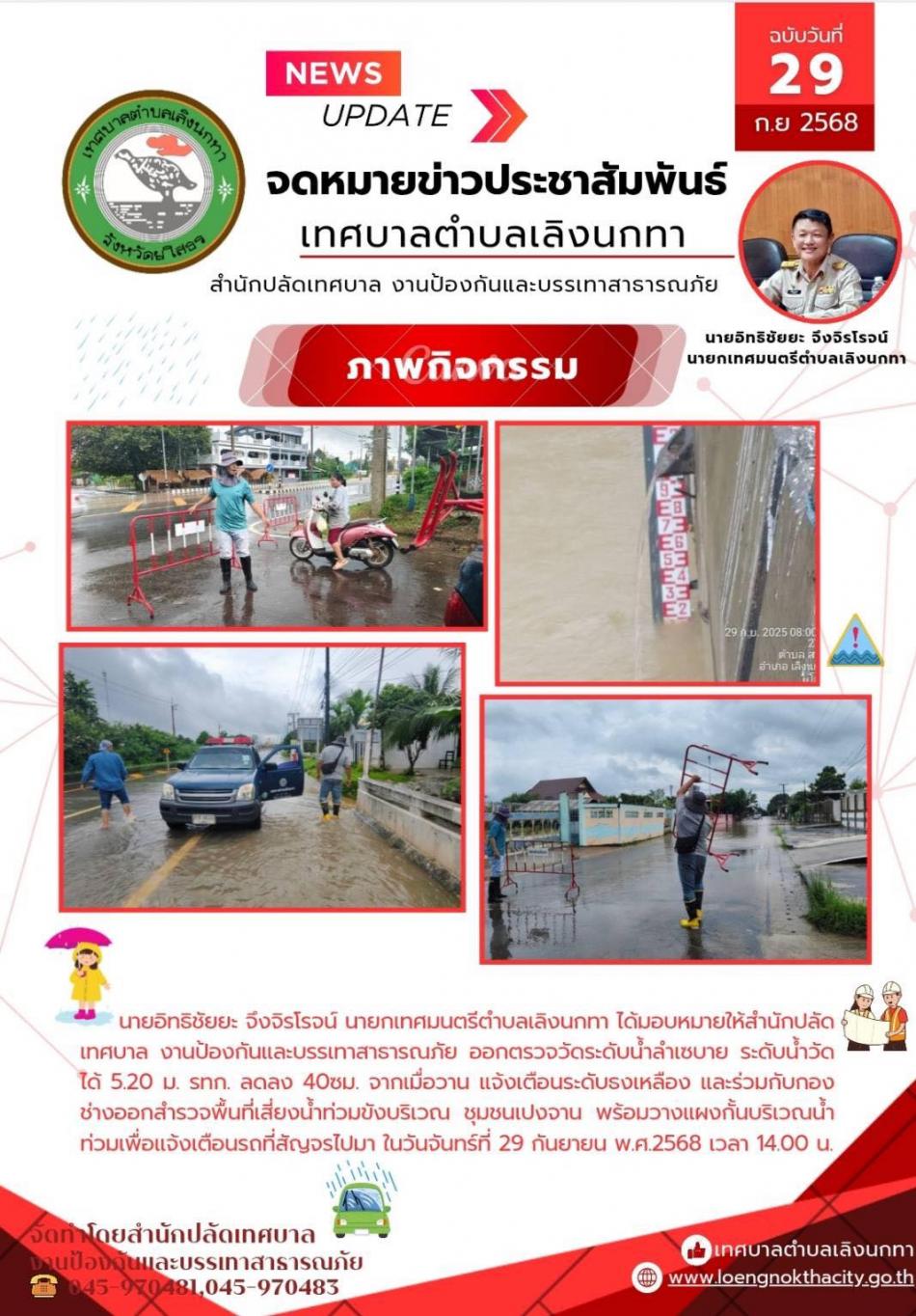 นายอิทธิชัยยะ จึงจิรโรจน์ นายกเทศมนตรีตำบลเลิงนกทา ได้มอบหมายให้สำนักปลัดเทศบาล งานป้องกันและบรรเทาสาธารณภัย ออกตรวจวัดระดับน้ำลำเซบาย ระดับน้ำวัดได้ 5.20 ม. รทก. ลดลง 40 เซนติเมตร จากเมื่อวานแจ้งเตือนระดับธงเหลืองและร่วมกับกองช่างออกสำรวจพื้นที่เสี่ยงน้ำท่วมขัง บริเวณชุมชนเปงจาน พร้อมวางแผนกั้นบริเวณน้ำท่วม เพื่อแจ้งเตือนรถที่สัญจรไปมา ในวันจันทร์ที่ 29 กันยายน 2568 เวลา 14:00 น. ￼